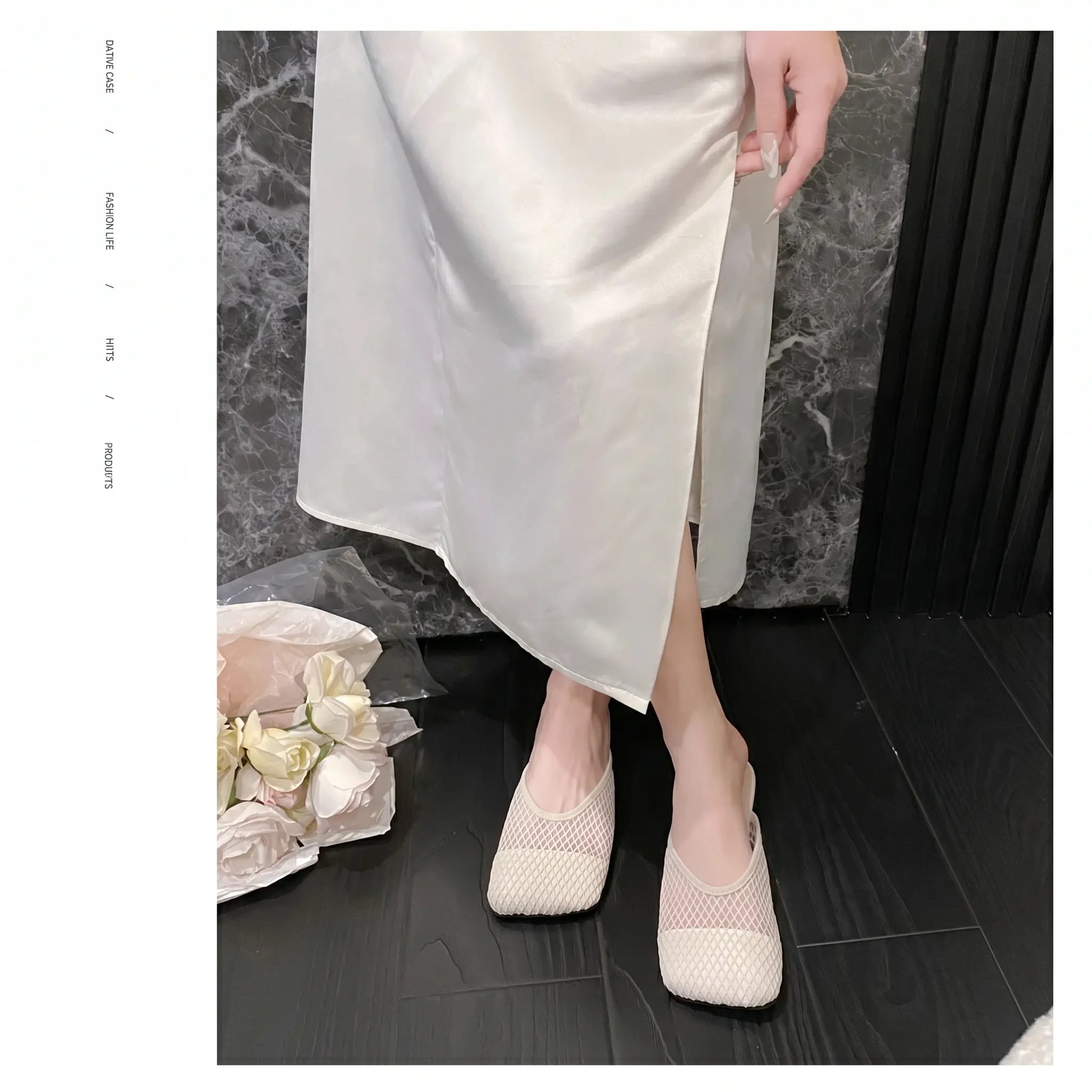 Elegant beige mesh mules with square toe and flat sole, worn by a model in a styled lifestyle setting with subtle floral accents.