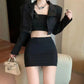 Model wears a black high-waisted bodycon mini skirt with a cropped top and blazer, showcasing its sleek fit and mini length.