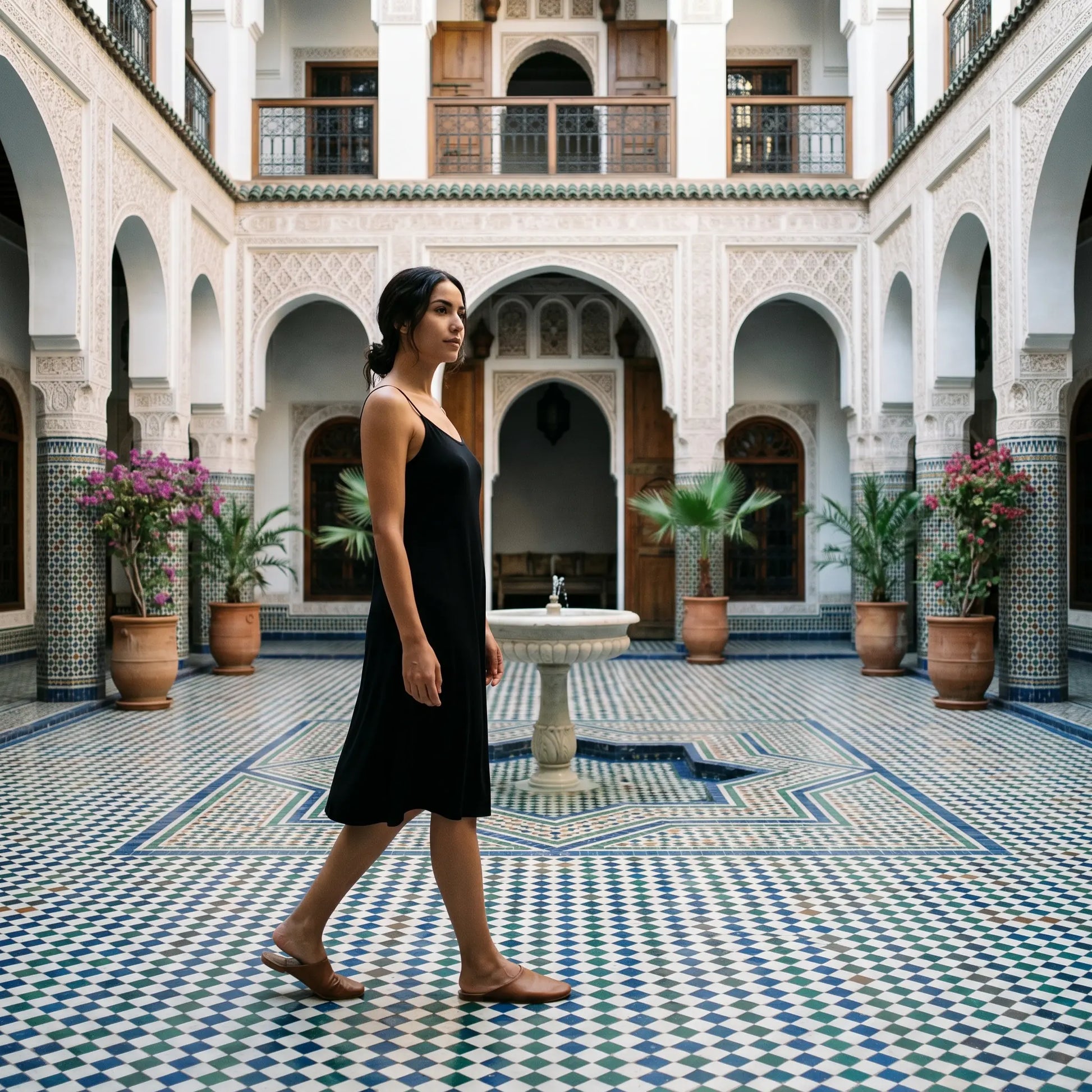 A woman gracefully walks through an ornate courtyard, wearing a black Kynso Premium Modal Slip Dress. The dress features a scoop neckline, delicate spaghetti straps, and a flowing A-line silhouette.