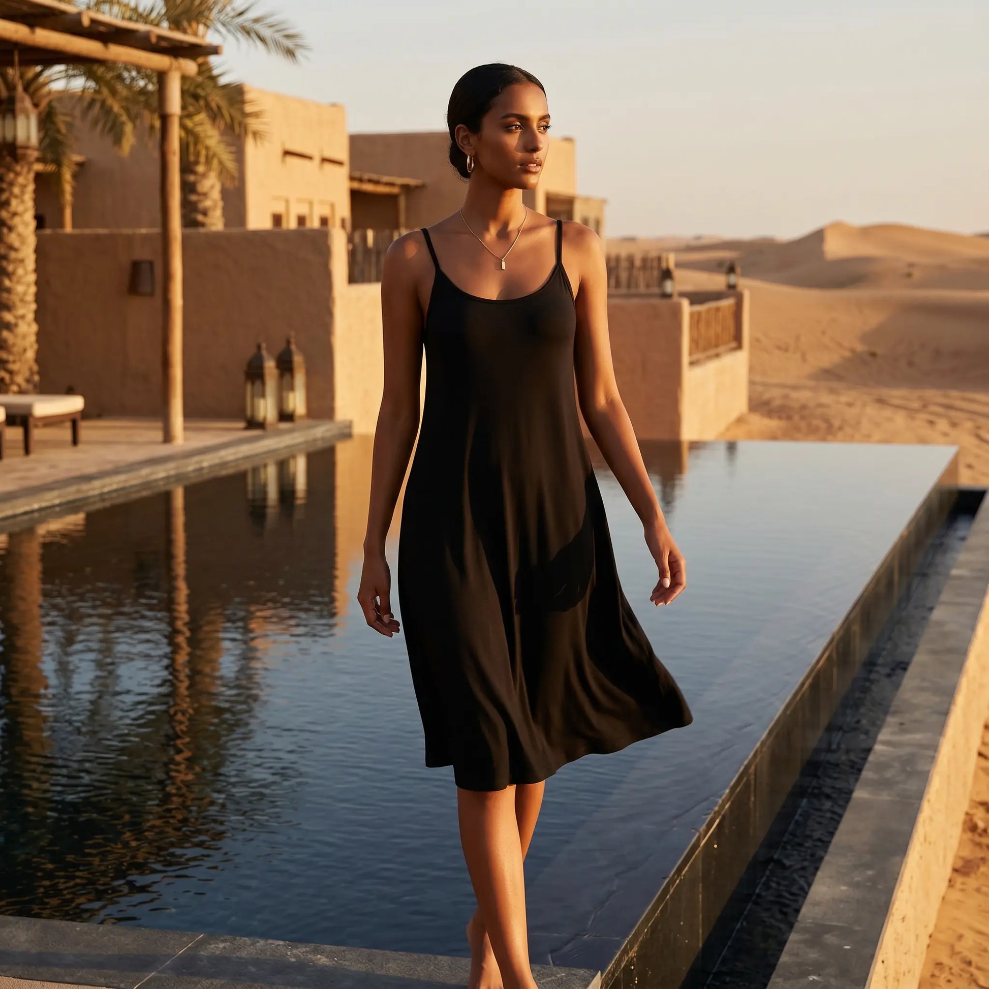 Model walking barefoot by an infinity pool at a luxurious desert resort, wearing a flowing black modal slip dress with delicate spaghetti straps and a scoop neck, under golden hour lighting.