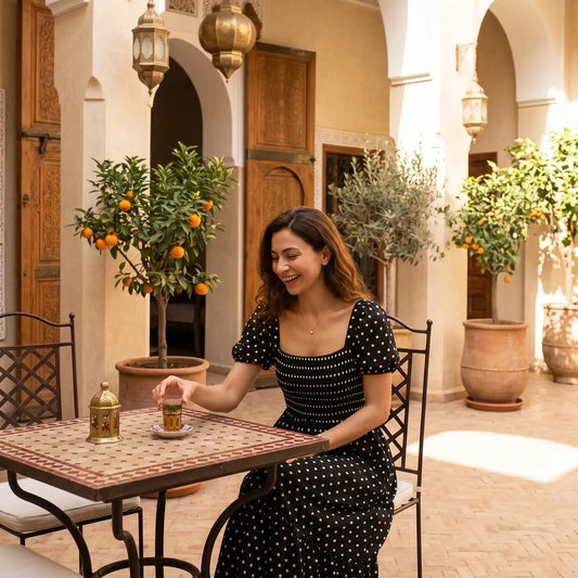 Smiling woman in a black polka dot maxi dress featuring a square neck and puff sleeves, seated at an outdoor cafe table in a sunlit courtyard.