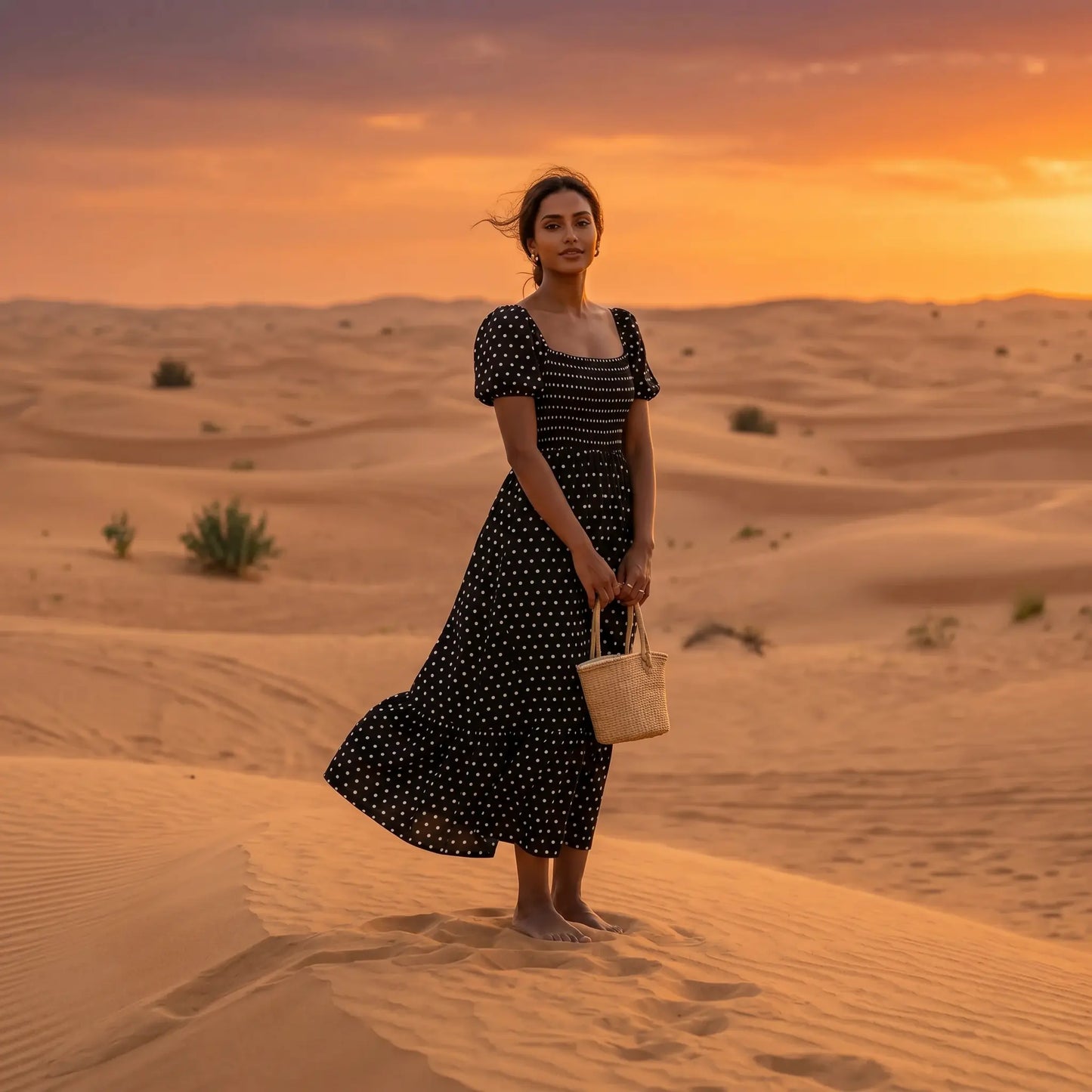 Model wearing a black polka dot smocked maxi dress with square neckline and puff sleeves, standing barefoot on sand dunes at sunset, holding a straw bag.