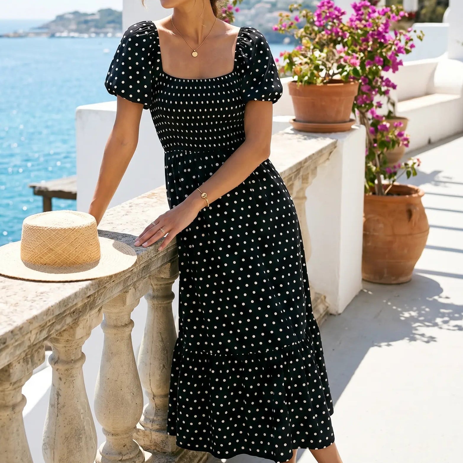 Women's Polka Dot Smocked Square Neck Maxi Dress