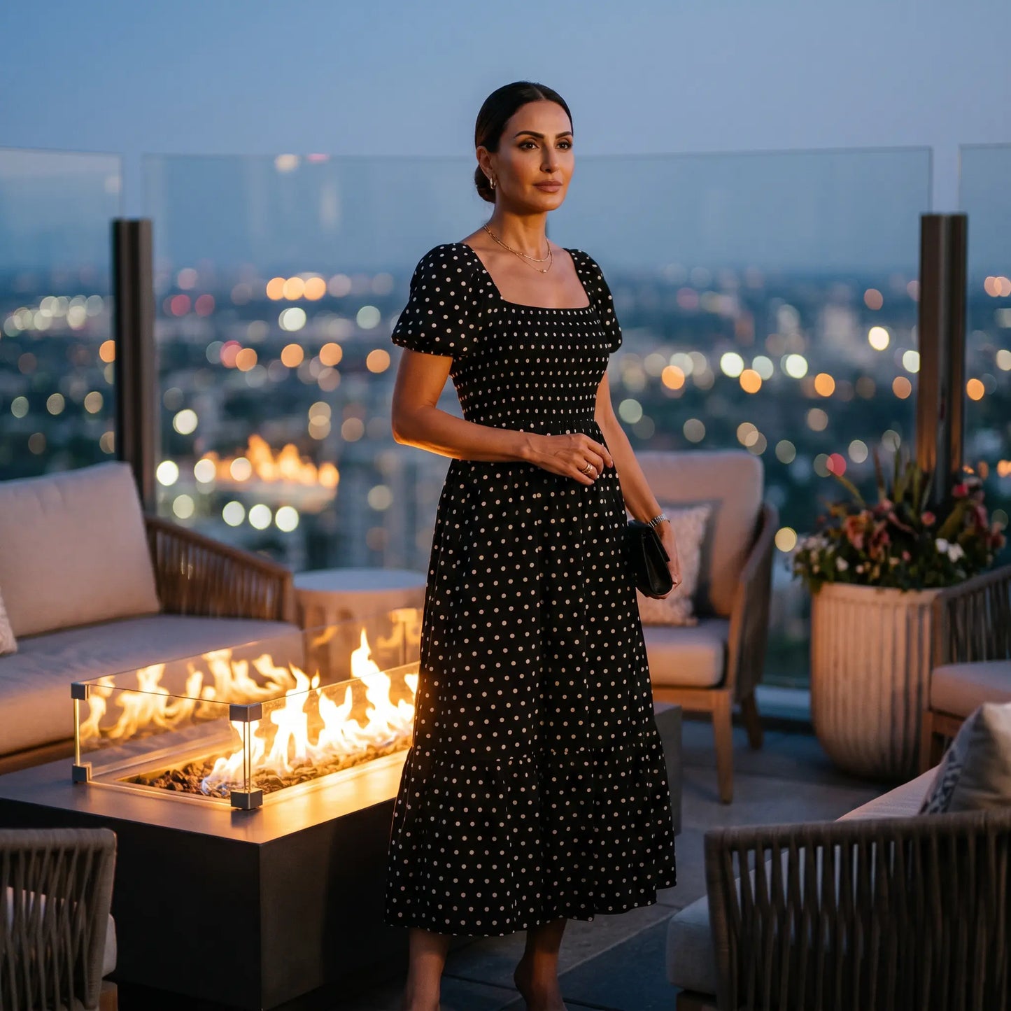 Woman in a black polka dot maxi dress featuring a square neck, smocked bodice, and puff sleeves, posing on a rooftop at dusk with city lights.
