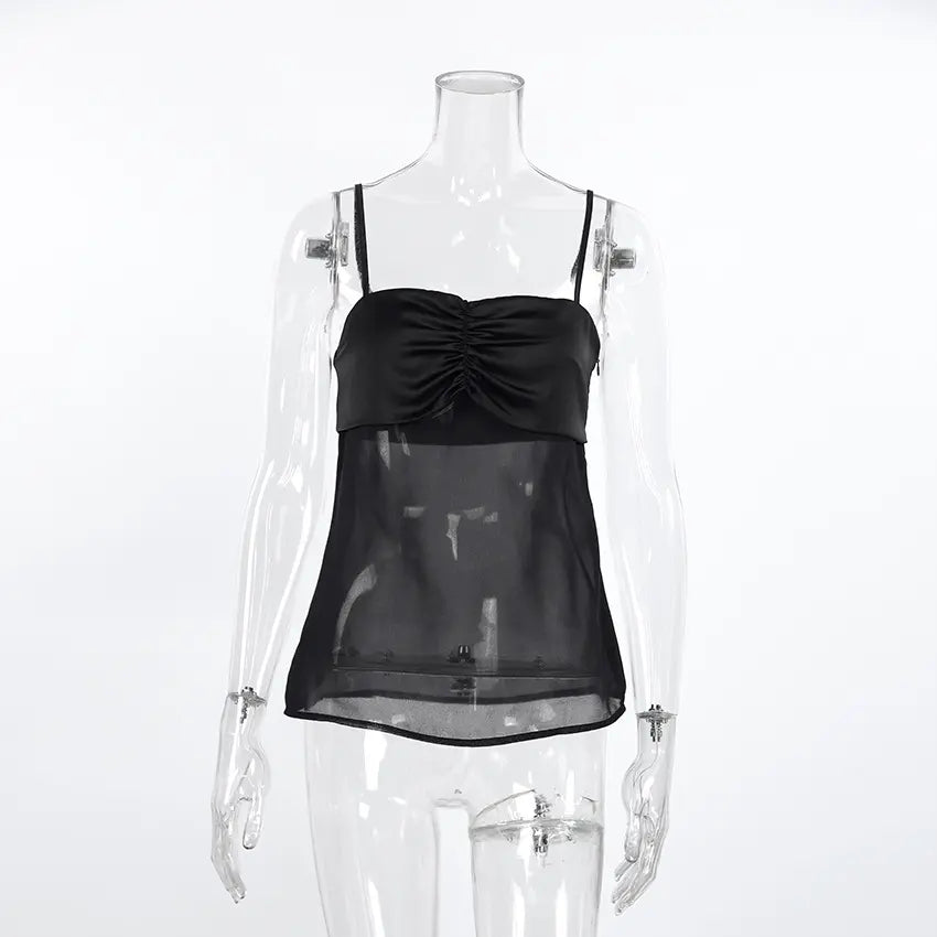 Black camisole top featuring a ruched satin-like bust and a sheer chiffon lower panel, displayed from a front view on a mannequin.