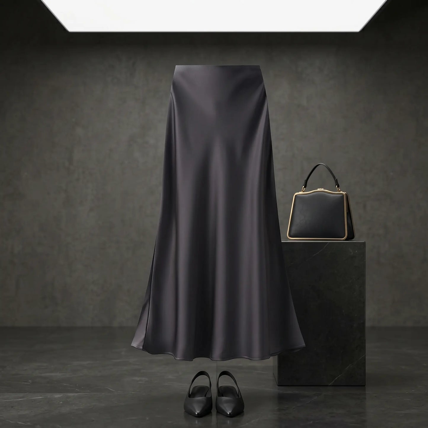 Elegant black satin high-waisted midi skirt with an A-line mermaid drape, styled in a dark studio setting with a coordinating handbag and shoes.