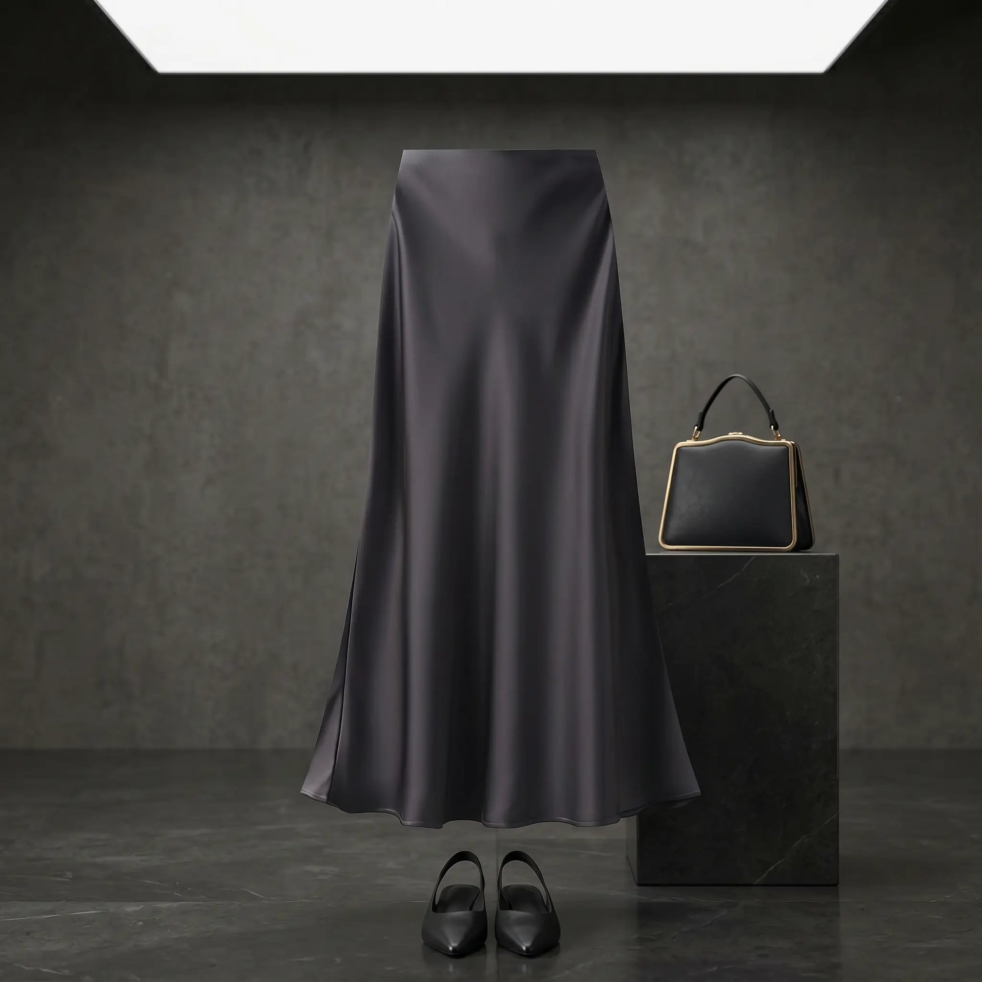 Elegant black satin high-waisted midi skirt with an A-line mermaid drape, styled in a dark studio setting with a coordinating handbag and shoes.