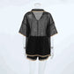 Back view of a black sheer mesh lounge set, featuring an oversized short-sleeved camp collar shirt and matching drawstring shorts, both accented with subtle gold piping.