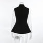 Back view of a black sleeveless tailored vest with a structured mandarin collar and a flared peplum hem featuring a center front split vent.