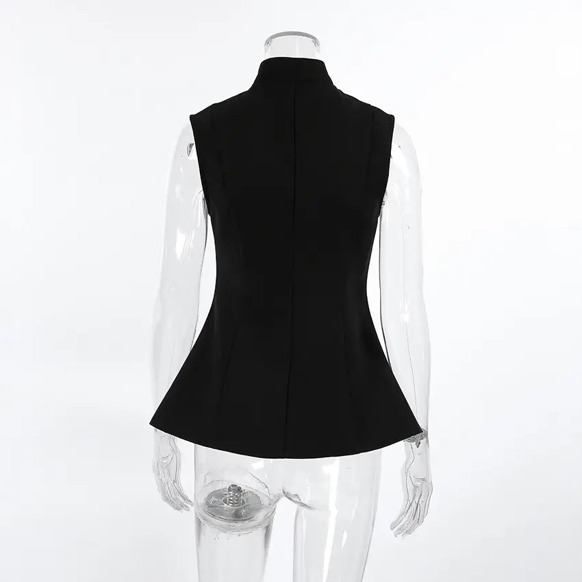 Back view of a black sleeveless tailored vest with a structured mandarin collar and a flared peplum hem featuring a center front split vent.