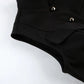 Close-up view of a black tailored sleeveless vest, highlighting the clean armhole, precise stitching, and a polished gold-tone button detail.