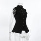 Black sleeveless vest for women, featuring a structured mandarin collar, polished gold button front, and a flared peplum hem with a sharp center split vent.