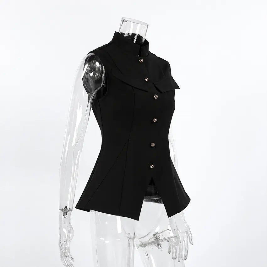 Black sleeveless vest for women, featuring a structured mandarin collar, polished gold button front, and a flared peplum hem with a sharp center split vent.