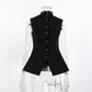Zylos black tailored sleeveless vest top featuring a mandarin collar, polished gold button front closure, and a flared peplum hem with a split vent. Presented on a mannequin.