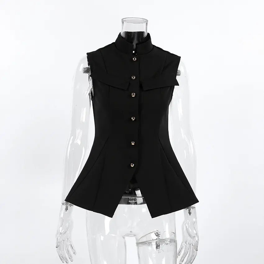 Zylos black tailored sleeveless vest top featuring a mandarin collar, polished gold button front closure, and a flared peplum hem with a split vent. Presented on a mannequin.