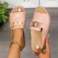 Brevix women's light pink platform slide sandals featuring a chic gold-tone metallic buckle strap and contoured footbed, shown worn on a foot with an anklet and held by a hand.