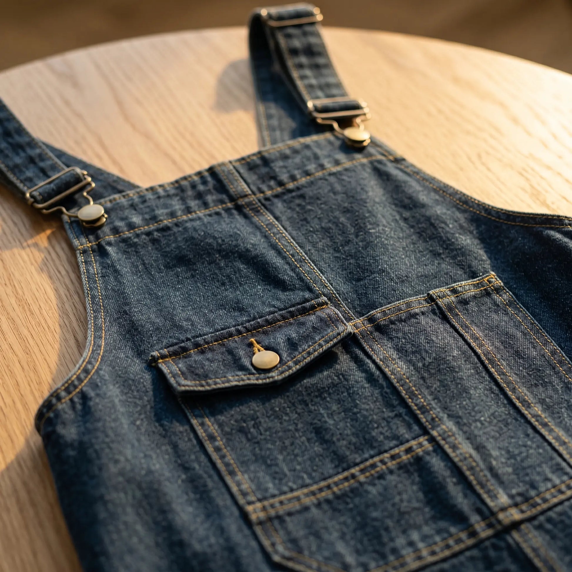 Detail of Brynox dark blue cotton denim midi pinafore dress, highlighting the front bib pocket with a button-flap closure, golden-brown contrast stitching, and metallic strap buckle hardware on a wooden table.