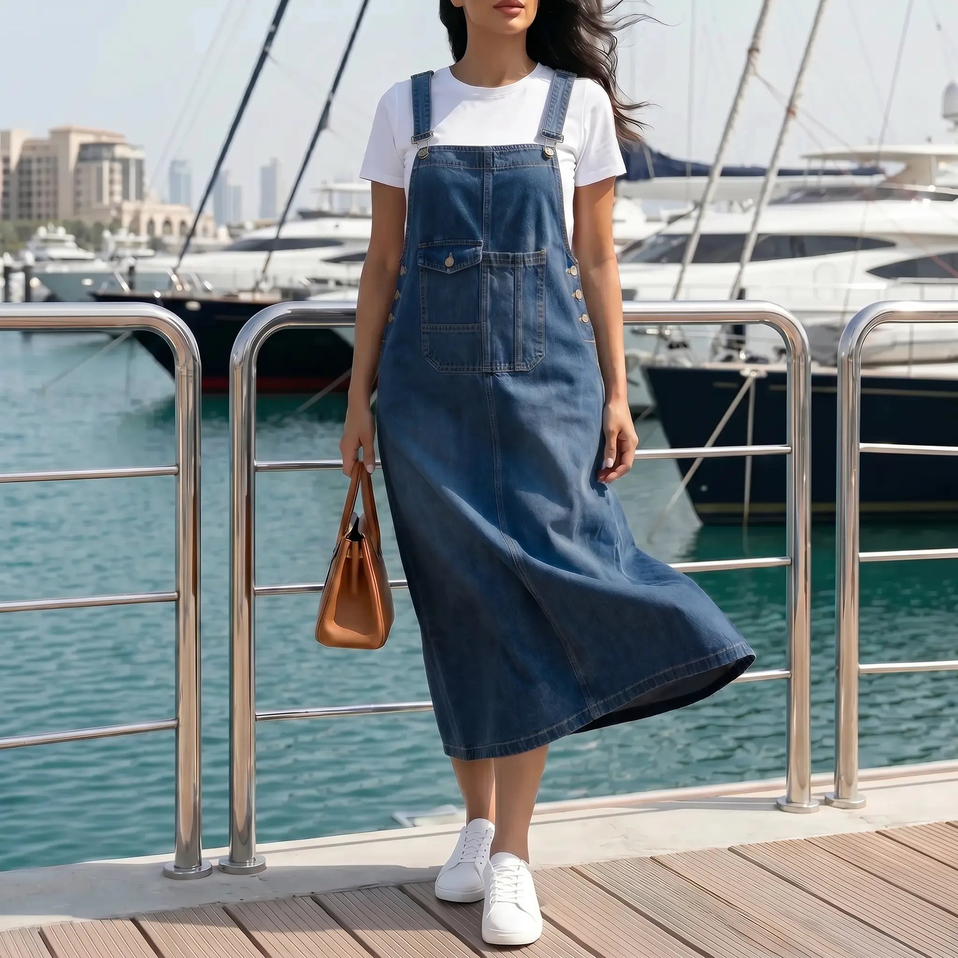 Women's Denim Midi Pinafore Dress with Adjustable Straps – RiveMonde