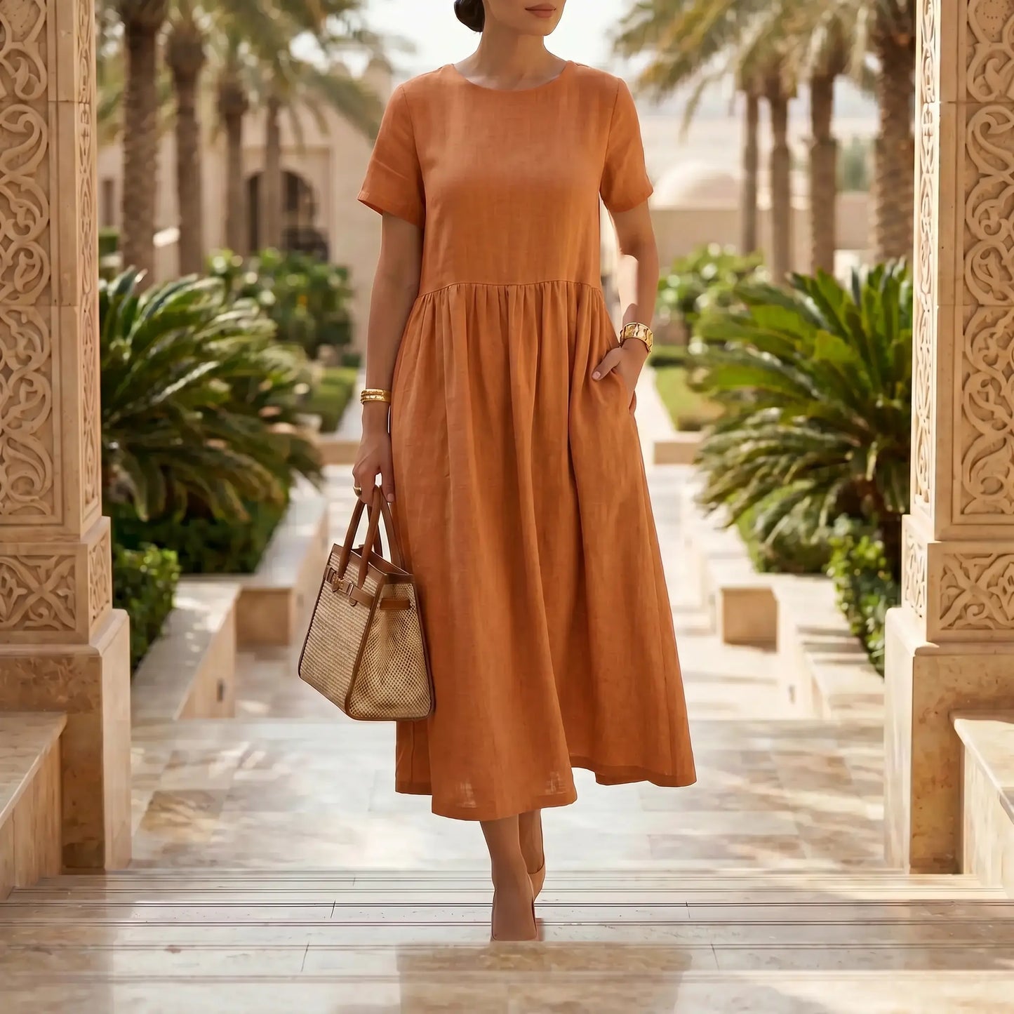 Elegant model wearing a Kivori burnt orange linen-blend midi dress with a relaxed A-line silhouette and short sleeves, walking outdoors with a straw tote bag.