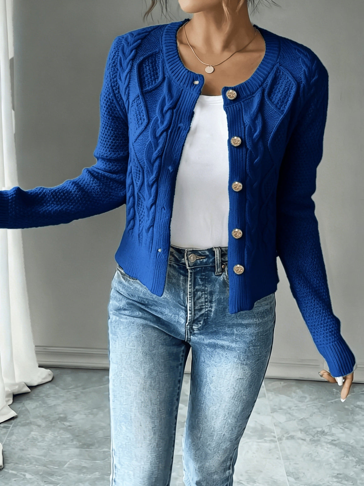 Cable-Knit Button-Front Cardigan