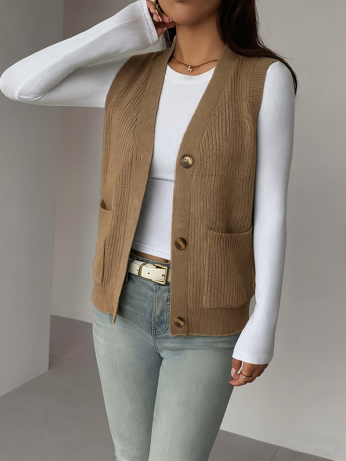 Buttoned V-Neck Knit Vest