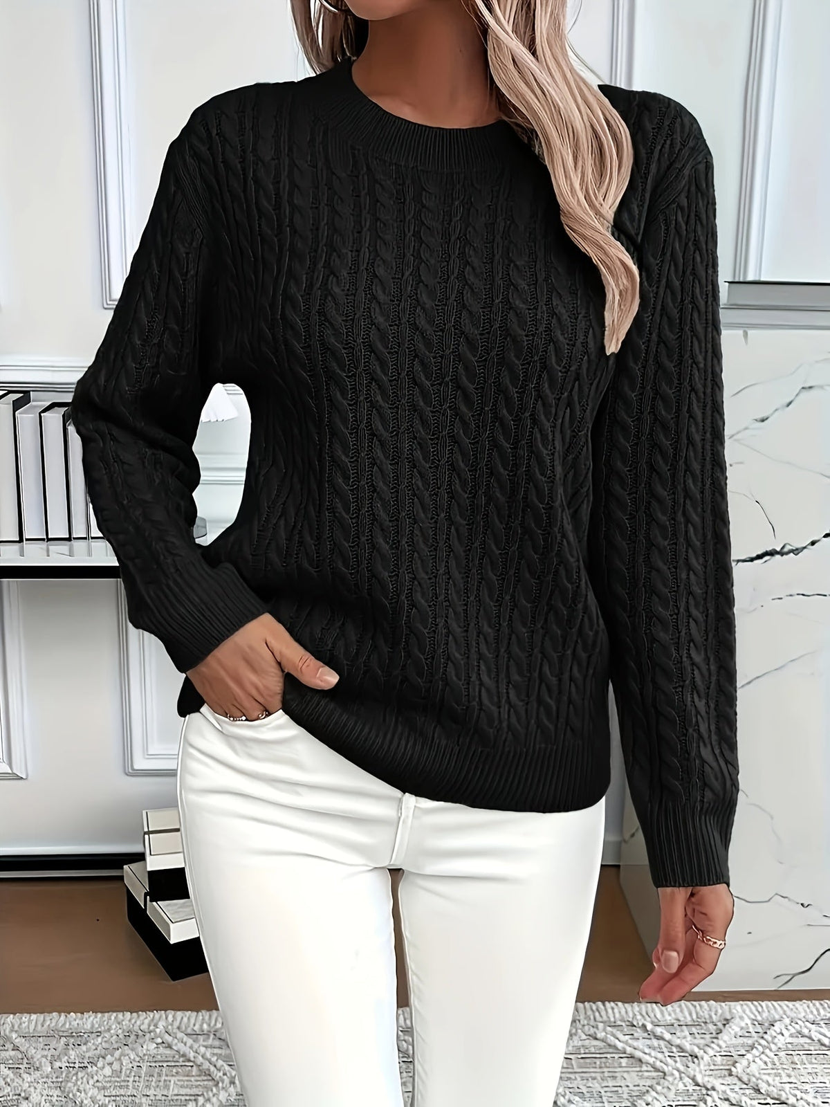 Cable-Knit Round Neck Sweater