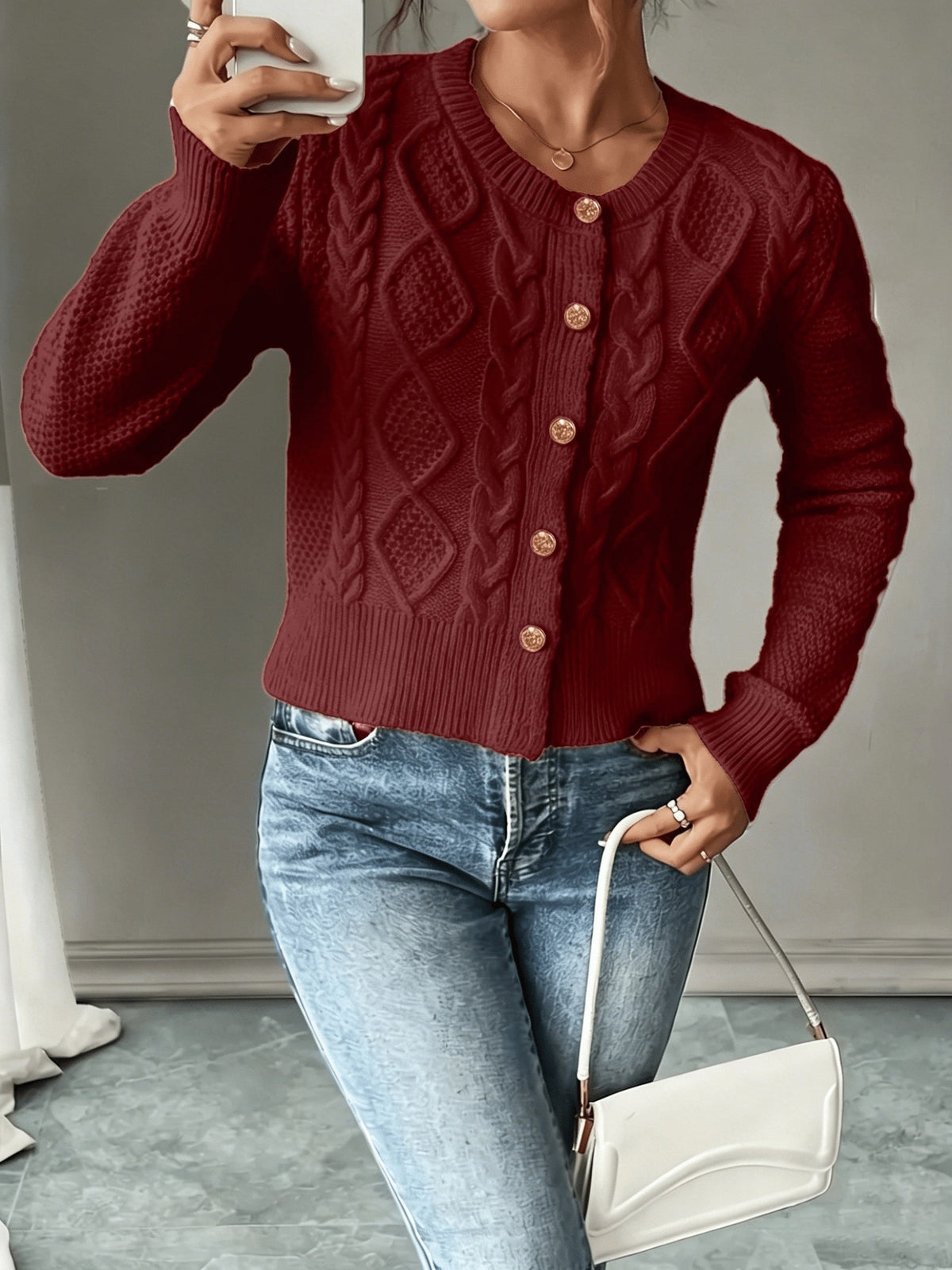 Cable-Knit Button-Front Cardigan