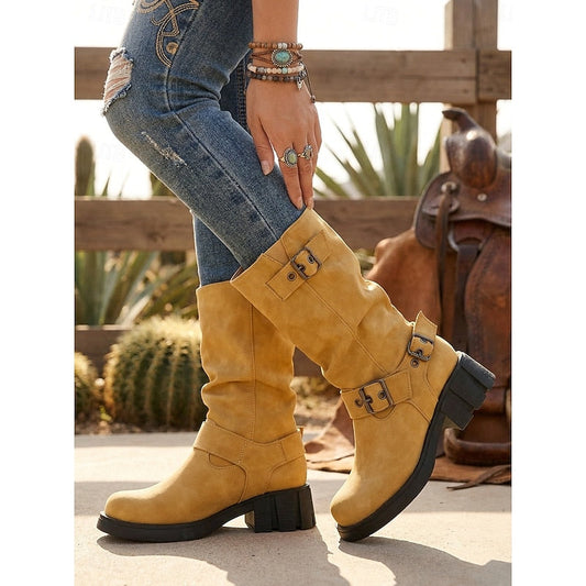 Buckle-Detail Mid-Calf Biker Boots