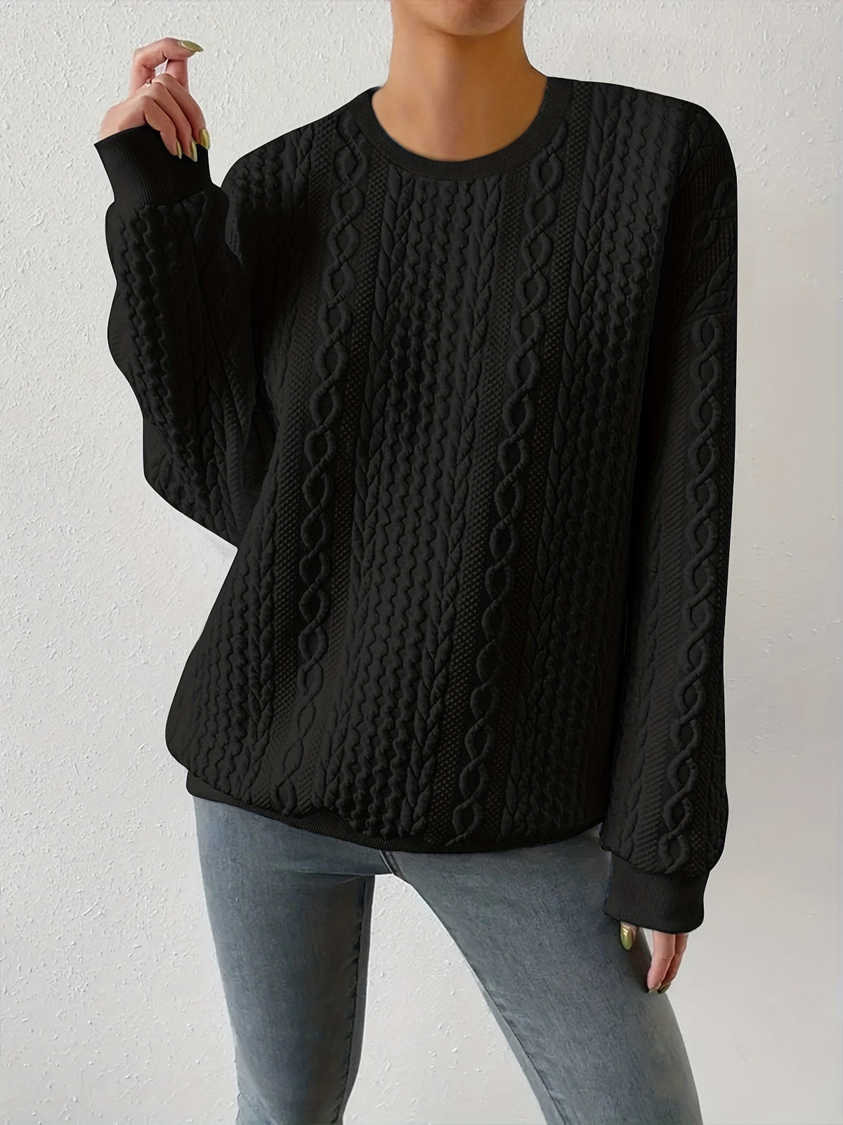 Textured Cable-Knit Crewneck Sweatshirt