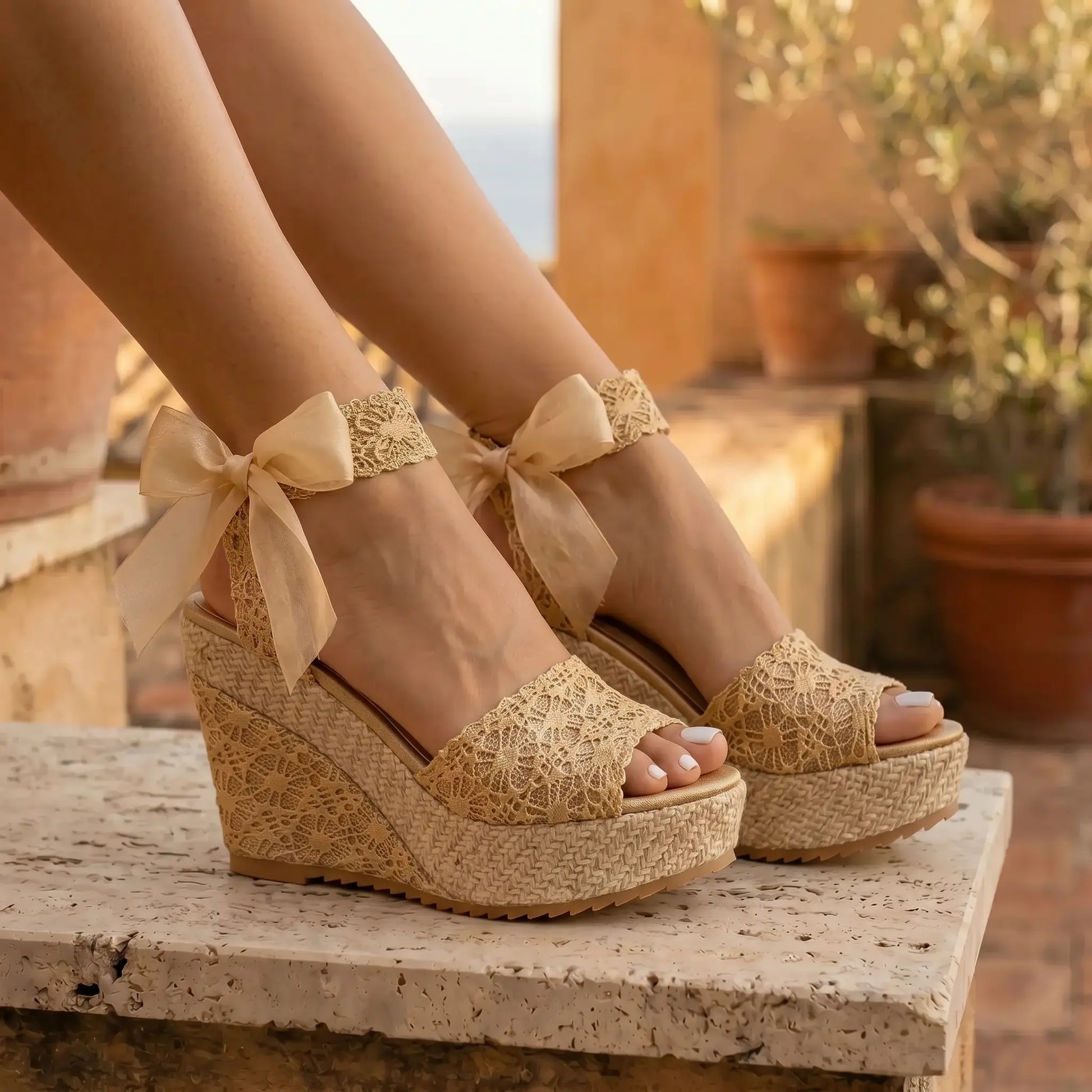 Elegant Champagne Gold Lace espadrille platform wedge sandals with intricate lace upper and sheer ribbon ankle ties. Styled outdoors.