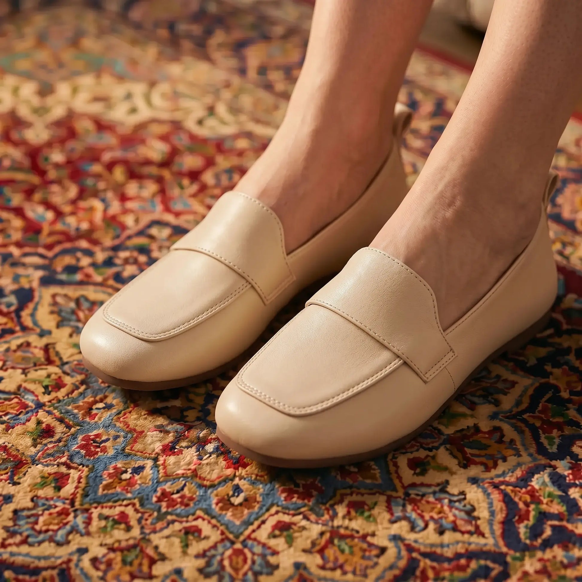 Classic Beige vegan leather slip-on loafers on feet, showing the round toe and transverse strap. The shoes rest on a colorful patterned rug.