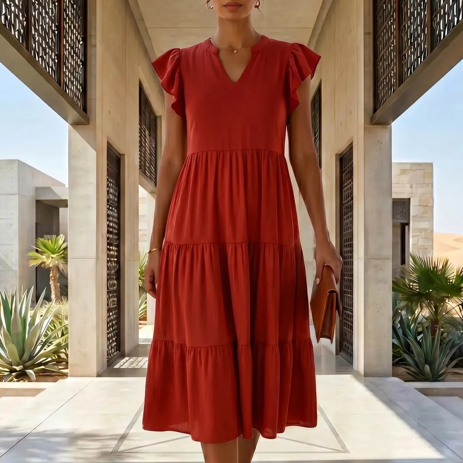 Elegant woman wearing a classic red tiered midi dress with a V-neck and ruffle cap sleeves, showcasing its flowing A-line silhouette in a stylish outdoor walkway.