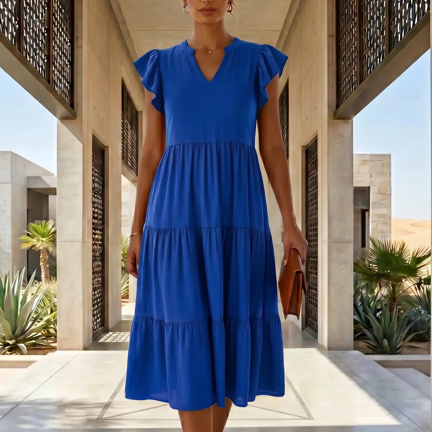 Model wearing a Torvun Cobalt Blue Ruffled Tiered Midi Dress with V-neck and flutter cap sleeves, walking in a modern architectural desert setting.