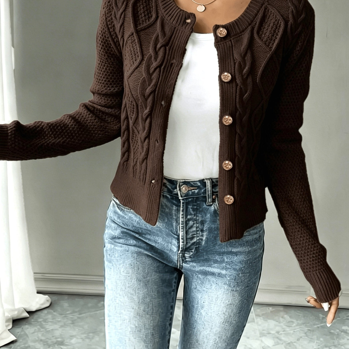 Cable-Knit Button-Front Cardigan