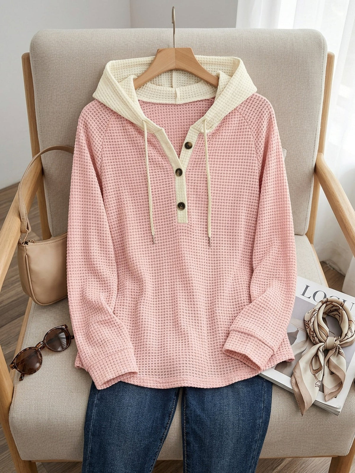 Relaxed Waffle-Knit Hooded Top
