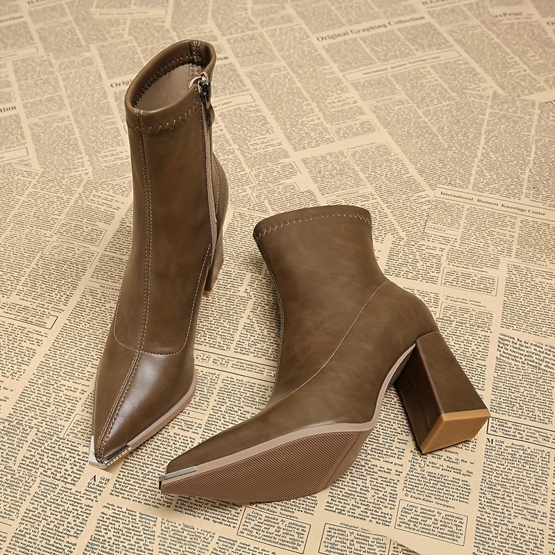Pointed-Toe Chunky Heel Ankle Boots