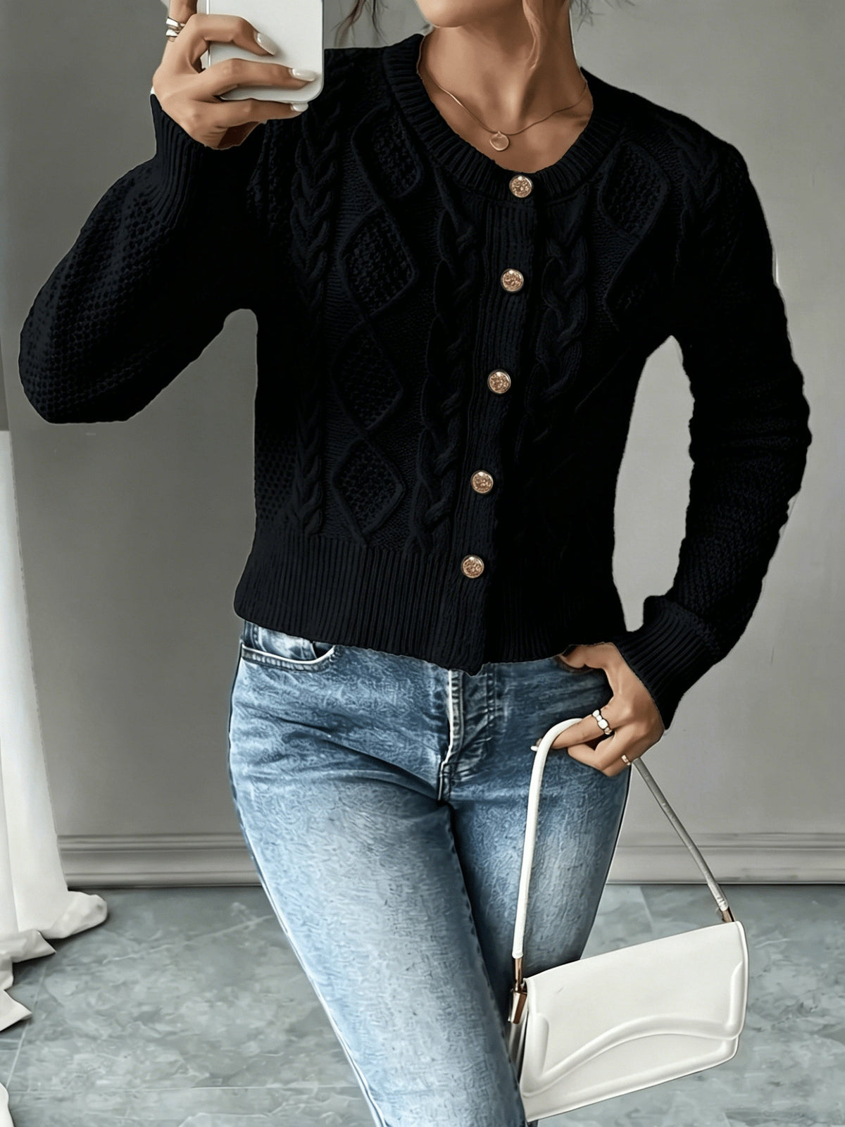 Cable-Knit Button-Front Cardigan