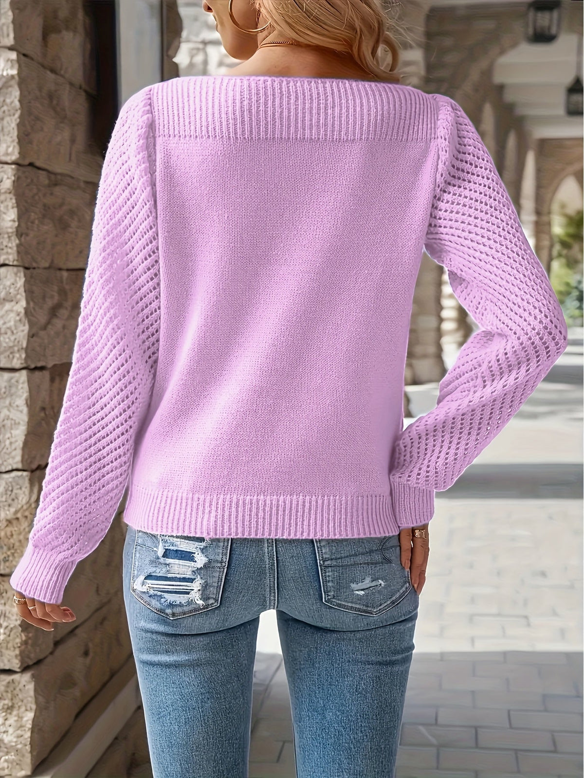 Openwork Sleeve Crew Neck Sweater