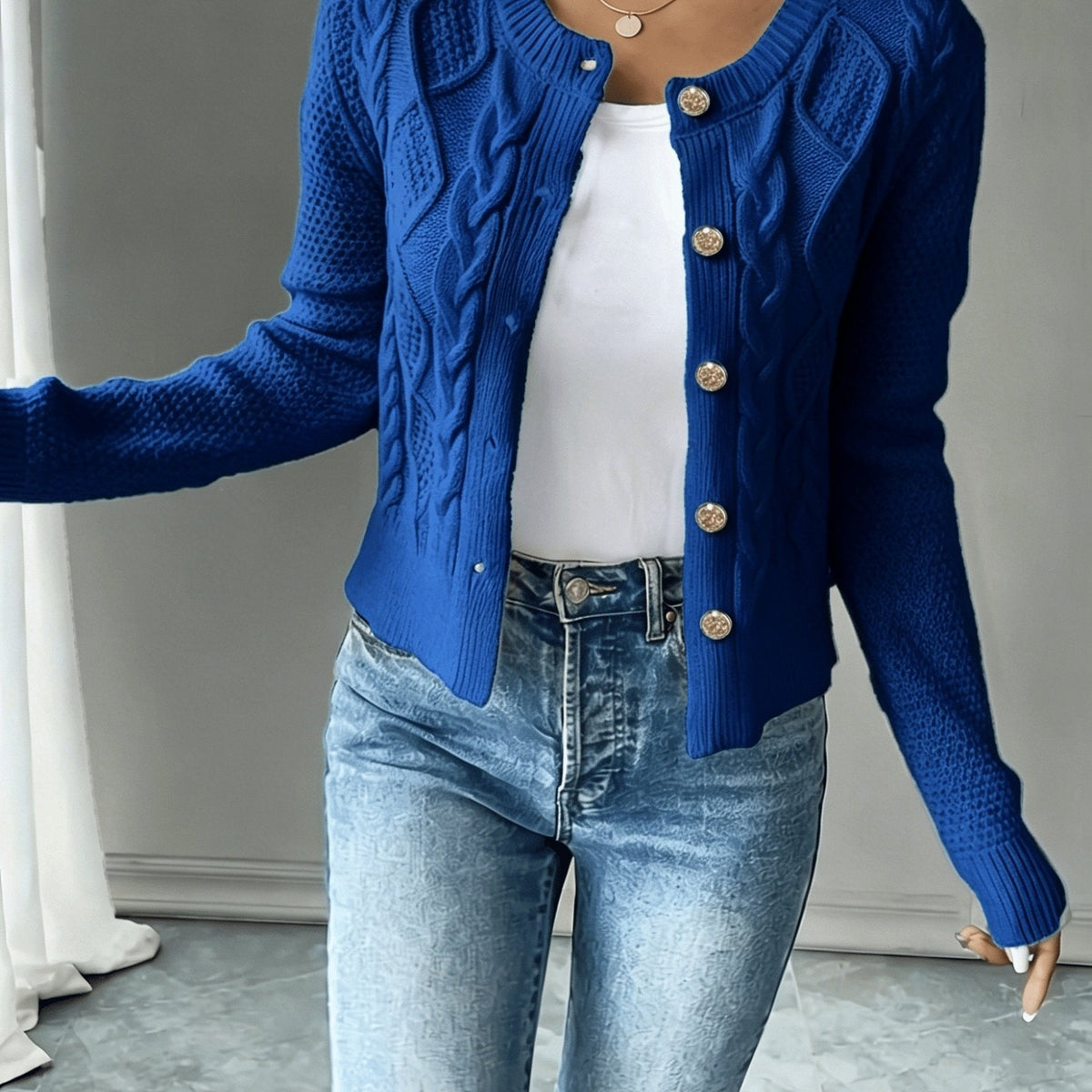 Cable-Knit Button-Front Cardigan