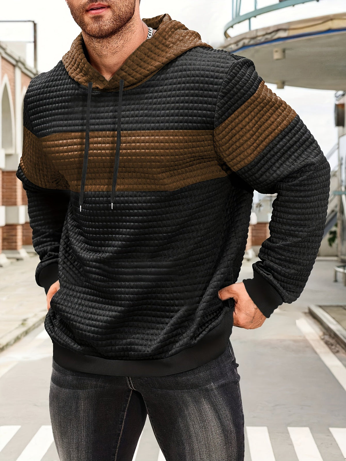 Textured Color-Block Hoodie