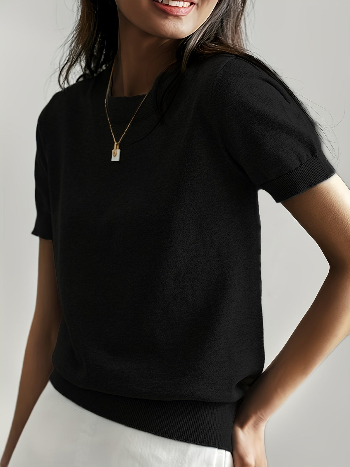 Fine-Knit Short Sleeve Sweater