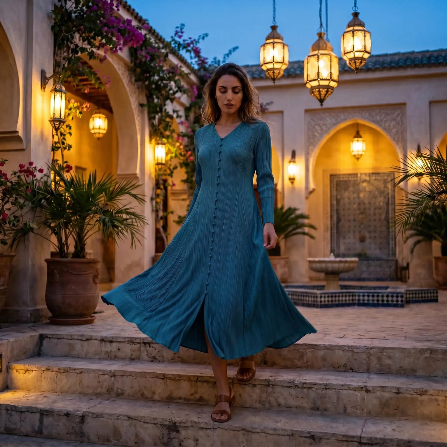 Elegant Deep Peacock Blue pleated V-neck midi dress with long sleeves and fabric buttons, worn by a model walking down stone steps in a beautifully lit evening architectural setting.