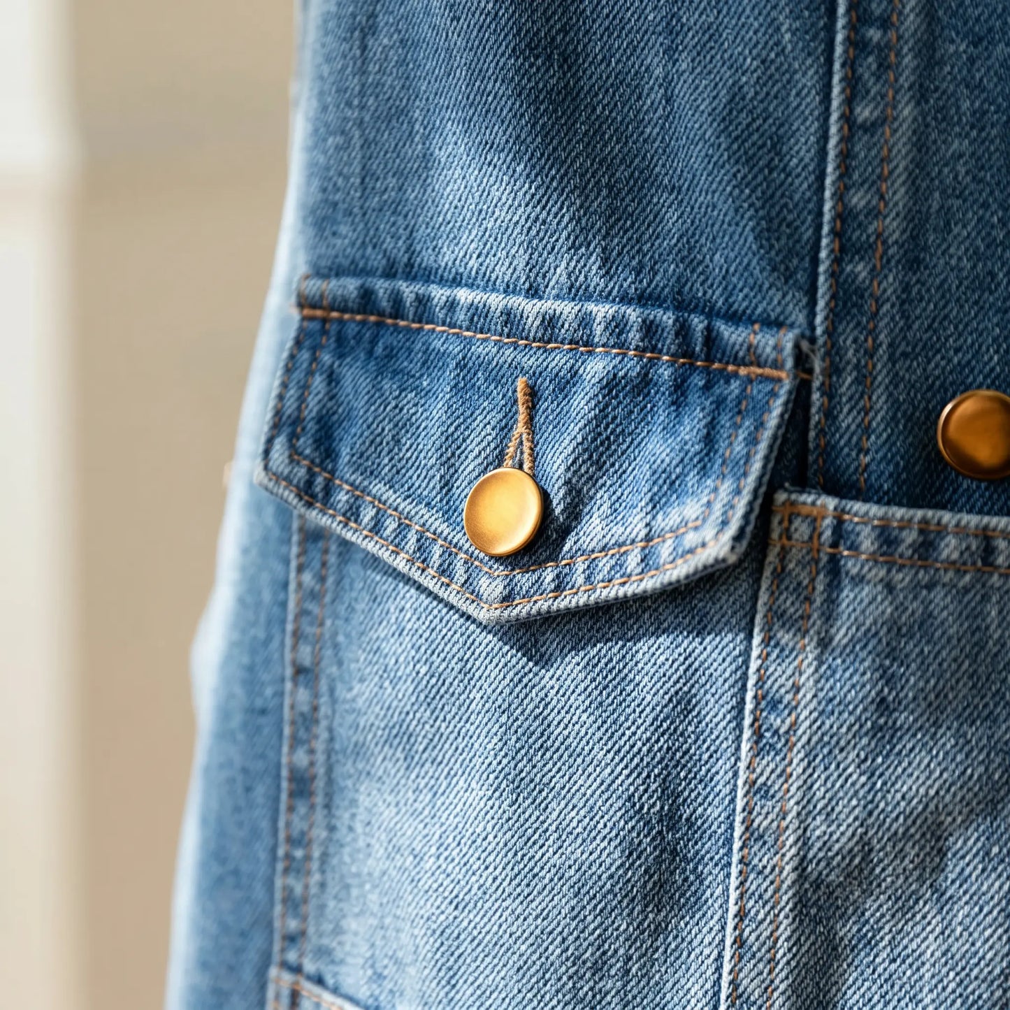 Close-up view of the blue denim midi pinafore, showcasing the rich fabric texture, contrast golden-brown stitching, and a detailed brass button on the pocket flap.
