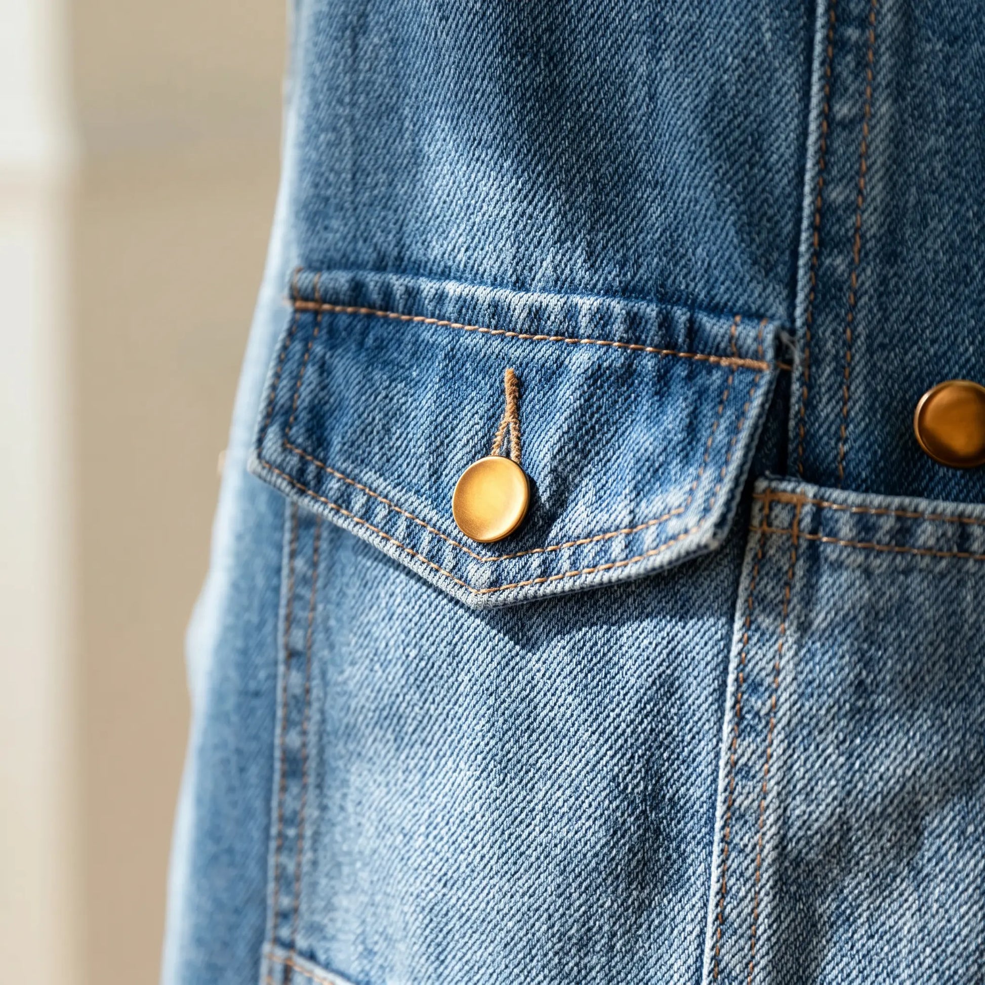 Close-up view of the blue denim midi pinafore, showcasing the rich fabric texture, contrast golden-brown stitching, and a detailed brass button on the pocket flap.
