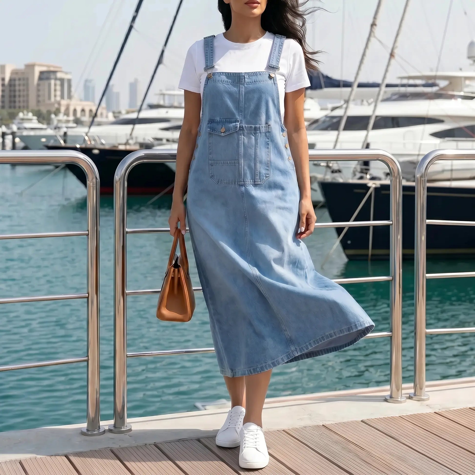 Woman models a Brynox vintage light blue denim midi pinafore dress featuring a bib pocket and side buttons, standing on a wooden dock with yachts.