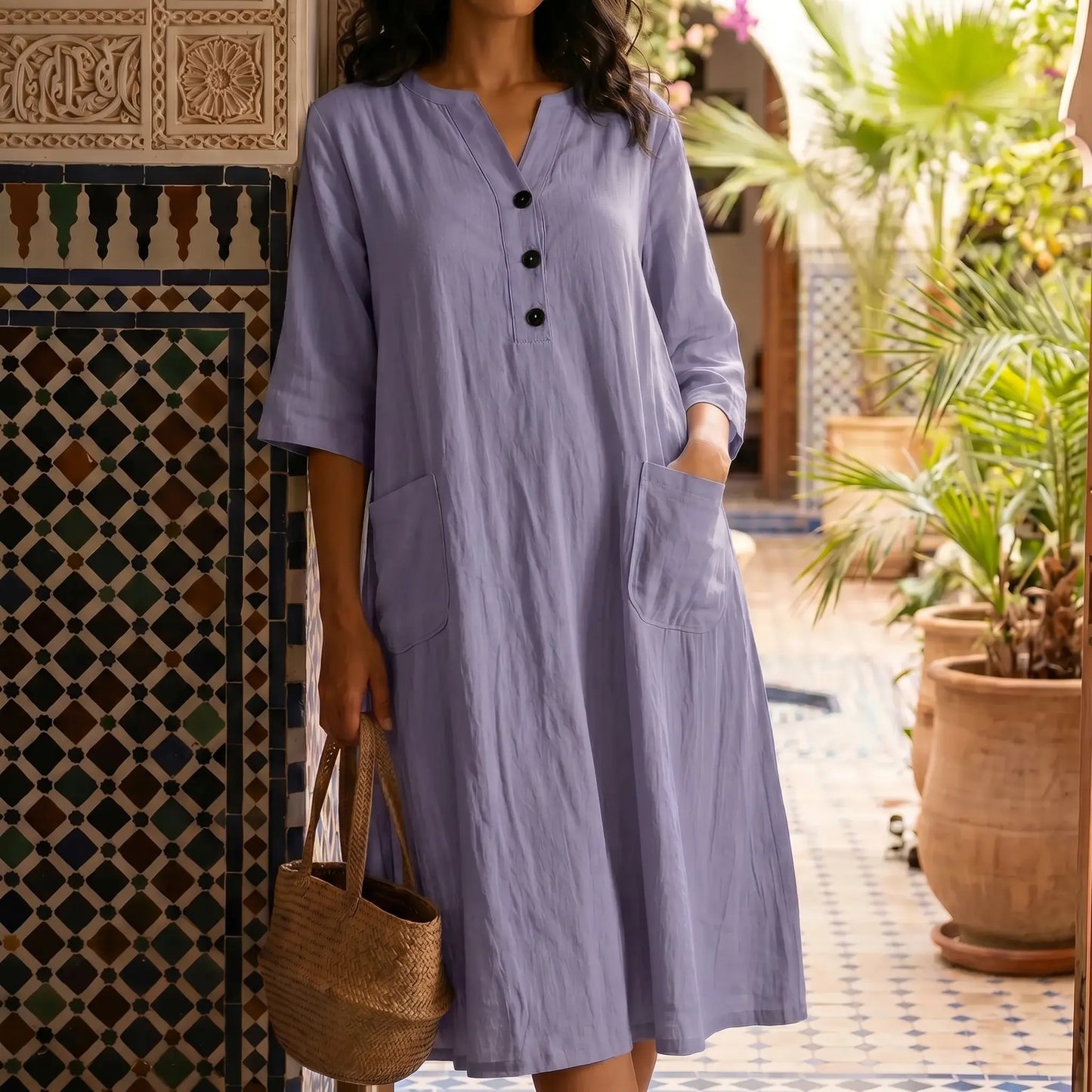 Model wears a Dusty Lavender V-neck midi dress with three black buttons, half sleeves, and front patch pockets, in an ornate outdoor setting.