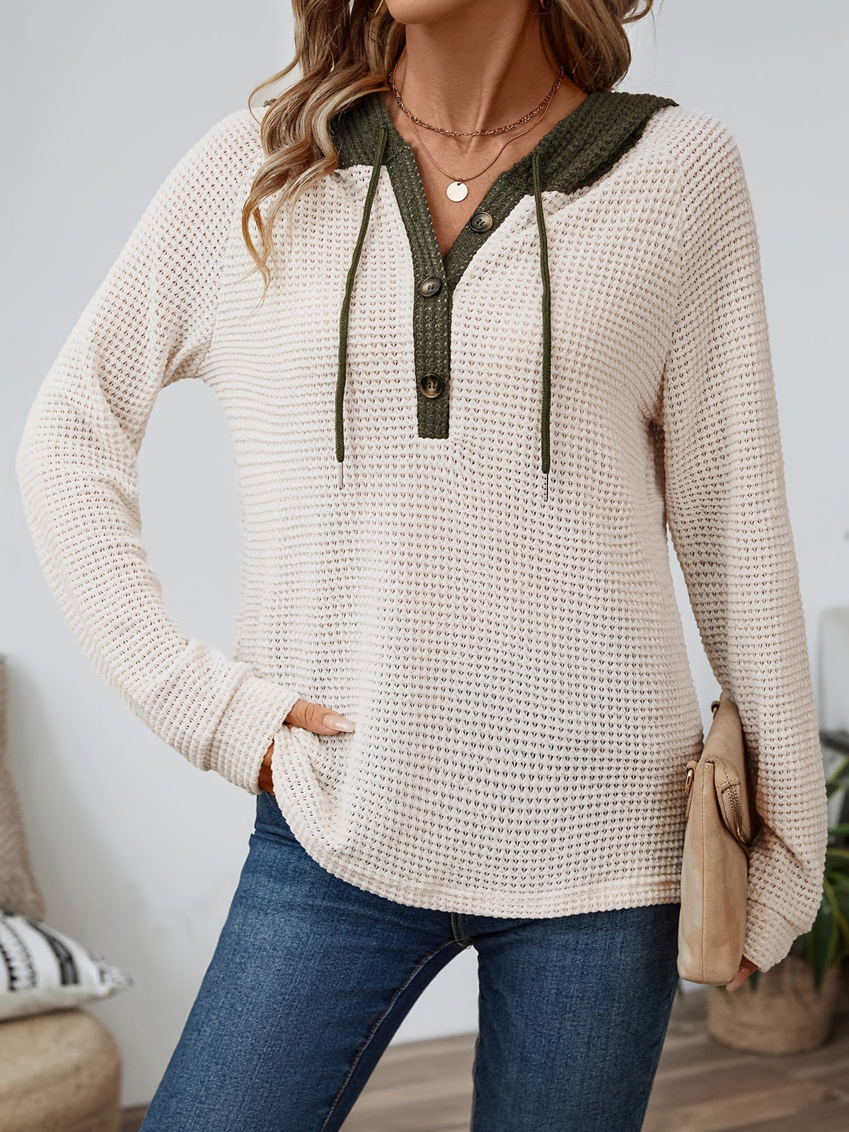 Relaxed Waffle-Knit Hooded Top
