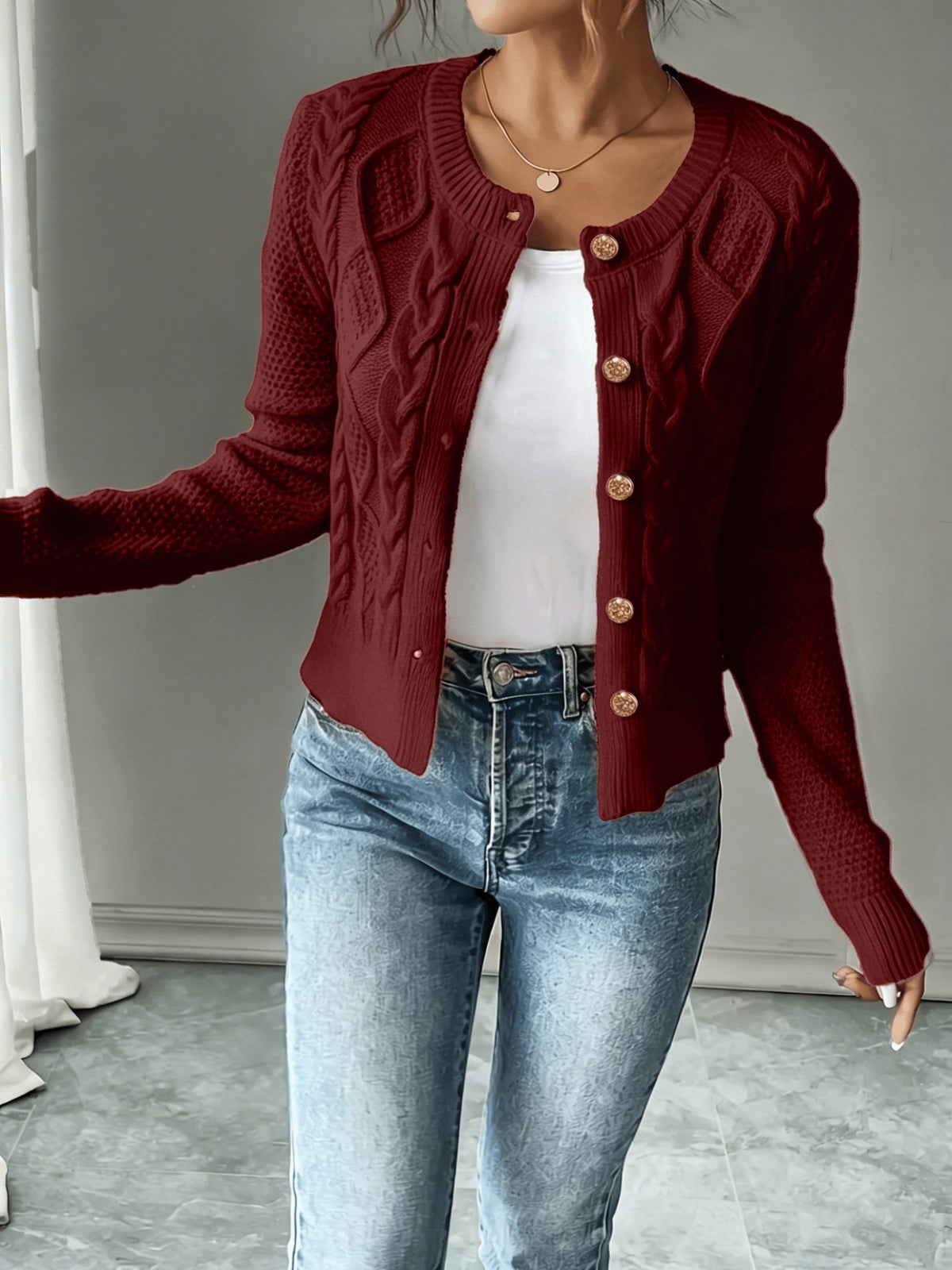 Cable-Knit Button-Front Cardigan