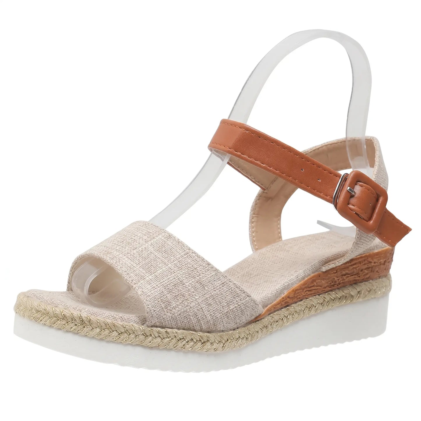 Elarae women's espadrille wedge sandals in a neutral beige linen with a tan faux leather ankle strap and buckle closure, shown from the front view.