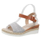 Elarae beige linen espadrille wedge sandals with peep-toe and adjustable tan faux leather ankle strap, featuring a white rubber platform sole.